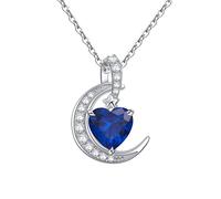 Qings Collier Pierre de Naissance Coeur Lune - Saphir Gemstone Bleu Foncé Femmes Amour Toujours Collier en Argent Sterling 925 Pierre de Naissance Pendentif Bijoux pour Femmes Filles