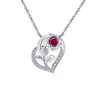Qings Cœur Collier Rose Fleur Rubis Pendentif Femme Argent 925 Juillet Collier Pierre de Naissance avec Zirconium Cœur Bijoux pour la Saint-Valentin Anniversaire Noël Cadeau pour la Petite amie Épouse