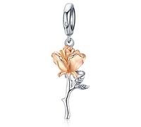 Qings Pendentif Fleur Rose en Argent Sterling 925, Charms Pendentif Fleur en Or Rose pour Bracelet