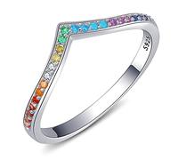 Qings Wishbone Bague en Argent Sterling 925 Arc-en-Ciel, Bague de Mariage éternité Zircon Cubique Bague de Fiançailles Empilable Bijoux Cadeau pour Femme Filles