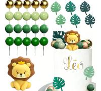 QingWing 27 Pièces Animaux de la Jungle Gateau, DIY Décorations pour L'anniversaire D'un Lion Décorations Gâteau Avec 6 Feuilles Monstera pour Thème des Anima Safari Fête D'anniversaire pour Enfants