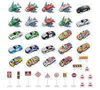 QingWing 39 Pièces Petites Voitures Jouets Enfants, Mini Jouet de Voiture avec 15 Panneaux de Barrage Routier, Métal Mini Voiture à Friction Jouets éducatifs pour Garçons et Filles de 3 à 12 Ans