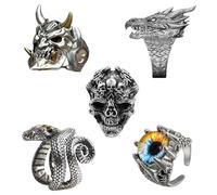 QingWing 5 Pezzi Vintage Punk Bagues Ensemble pour Hommes Femmes, Bague Acier Inoxydable En Crâne Doigt, Réglables Bague Homme Gothique formes Animales, Bagues de Motard Hip Hop pour Toussaint Noël