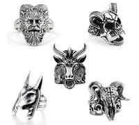 QingWing 5 Pezzi Vintage Punk Bagues Ensemble pour Hommes Femmes, Bague Acier Inoxydable En Crâne Doigt, Réglables Bague Homme Gothique formes Animales, Bagues de Motard Hip Hop pour Toussaint Noël
