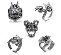 QingWing 5 Pezzi Vintage Punk Bagues Ensemble pour Hommes Femmes, Bague Acier Inoxydable En Crâne Doigt, Réglables Bague Homme Gothique formes Animales, Bagues de Motard Hip Hop pour Toussaint Noël