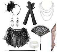 QingWing Accessoires Charleston des Années 20, Accessoires Great Gatsby, Femmes Accessoire Annee 20 avec Coiffe, Gants, Collier, Bracelet, Boucles d'oreilles Bas Noirs, pour Carnaval Halloween