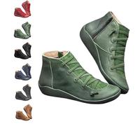 QingxingFa Bottines Courtes Décontractées Vintage Pour Femmes,Soutien De La Voûte Plantaire, Tendance, Sans Talon, Lacets, Fermeture Éclair Latérale,Bottines Rétro En Cuir (green,40)