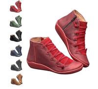 QingxingFa Bottines Courtes Décontractées Vintage Pour Femmes,Soutien De La Voûte Plantaire, Tendance, Sans Talon, Lacets, Fermeture Éclair Latérale,Bottines Rétro En Cuir (red,43)