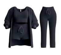 QingxingFa Ensemble De Pyjama, Ensemble De Pyjama en Tricot Confortable, Ensembles De Shorts, Ensemble De Pyjama 4 Pièces pour Femme (Noir,S)