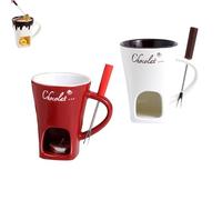 QingxingFa Lot De 2 Tasses À Fondue Au Chocolat Avec Fourchettes, Tasse À Chocolat Personnelle En Céramique Pour Fromage, Tasse À Chocolat Fondant, Tasse À Fondue Au Chocolat (Blanc+Rouge)