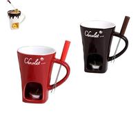 QingxingFa Lot De 2 Tasses À Fondue Au Chocolat Avec Fourchettes, Tasse À Chocolat Personnelle En Céramique Pour Fromage, Tasse À Chocolat Fondant, Tasse À Fondue Au Chocolat (Rouge+Marron)