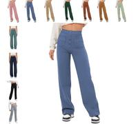 QingxingFa Pantalon Décontracté Taille Haute Extensible pour Femme, Pantalon Droit Taille Haute À Poches Multiples (Grand,Bleu)