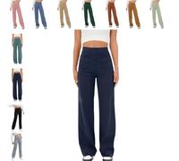 QingxingFa Pantalon Décontracté Taille Haute Extensible pour Femme, Pantalon Droit Taille Haute À Poches Multiples (M,Bleu foncé)