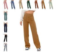QingxingFa Pantalon Décontracté Taille Haute Extensible pour Femme, Pantalon Droit Taille Haute À Poches Multiples (S,Kaki)