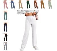 QingxingFa Pantalon Décontracté Taille Haute Extensible pour Femme, Pantalon Droit Taille Haute À Poches Multiples (Grand,Blanc)