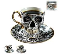 QingxingFa Tasse À Café Crâne Royal, Tasse À Thé Gothique En Porcelaine Avec Bordure Dorée, Ensemble Tasse Et Soucoupe Crâne D'Halloween, Idéal Pour Les Amateurs De Café Et Les Collectionneurs (A)
