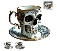 QingxingFa Tasse À Café Crâne Royal, Tasse À Thé Gothique En Porcelaine Avec Bordure Dorée, Ensemble Tasse Et Soucoupe Crâne D'Halloween, Idéal Pour Les Amateurs De Café Et Les Collectionneurs (B)