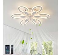 QINGYING 78W Ventilateur De Plafond Silencieux Avec Lumiere Et Telecommande, Lustre Ventilateur Design Fleurs Dimmable Silencieux, Plafonnier Ventilateur Réversible 6 Vitesses Pour Chambre, Blanc