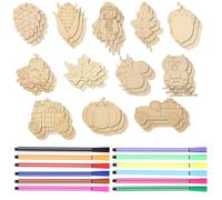 QINGZY Lot de 36 Kits de Bricolage en Bois, 12 Motifs à Peindre dont Citrouille, Feuille D’érable, Hibou et Camion, Décoration Artisanale pour Automne, Bricolage et Loisirs Créatifs
