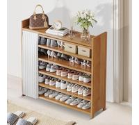 Qinhaixi Armoire à chaussures pliables minces en bambou - Organisateur de rack à chaussures autoportant à 6 niveaux avec rangement supérieur pour l'entrée, pliable et économe en espace (90 cm)