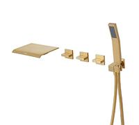 Qinkell Robinet de baignoire cascade avec douchette à main romaine à fixation murale Or brossé avec 3 poignées