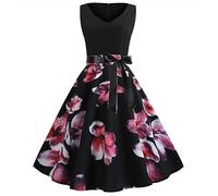 QINKO Femmes Vintage imprimé Floral Noir élégant rétro sans Manches Robe de soirée Robe débardeur Robe,1,XL