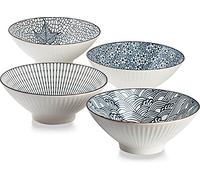 QINLANG Lot de 4 bols à ramen japonais en céramique pour céréales, soupe, Pho, nouilles - Bleu et blanc, 20,3 cm