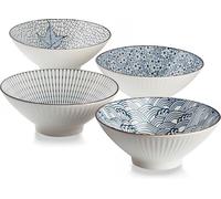 QINLANG Lot de 4 bols à ramen japonais en céramique pour céréales, soupe, Pho, nouilles - Bleu et blanc, 20,3 cm