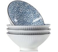 Qinlang Lot de 4 bols japonais en céramique bleu et blanc de 20,3 cm, motif floral