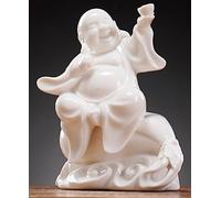 QINLANG Petite Statue de Bouddha Rieur en céramique Blanche pour la Chance, Statue de Bouddha Heureux Assis sur Un Sac d'argent pour la Chance et la prospérité