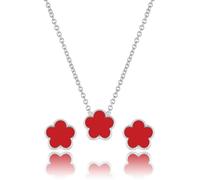 Qinpan Ensemble collier et boucles d'oreilles à tige en forme de trèfle à quatre feuilles pour femme avec fleur porte-bonheur en or 14 carats, 13*13mm, Or jaune, Calcédoine