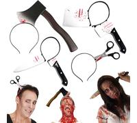 QINQINZIJIN Serre Tete Couteau Halloween, 4 Pièces Bandeau d'Horreur Halloween avec Baïonnette, Hache, Ciseaux et Couteau de Cuisine, pour Fête d'Horreur Cosplay