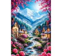 QINRUBB DIY 5D Cabane Montagne Enneigée Diamond Art Kits Point de Croix pour Adultes Débutants, 5D Ruisseau Art du Diamant Complet Kit, Fleurs Roses Peinture Diamant Painting Kits Maison Décor 30x40cm