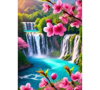QINRUBB DIY 5D Cascade Diamond Art Kits Point de Croix pour Adultes Débutants, 5D Fleurs de Pêcher Art du Diamant Complet Kit, Paysage Peinture Diamant Painting Kits Maison Décor 30x40 cm