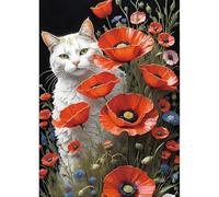 QINRUBB DIY 5D Chat Blanc Diamond Art Kits Point de Croix Painting pour Adultes Débutants, 5D Coquelicot Art du Diamant Complet Kit, Peinture Chaton Diamant Painting Kits Maison Décor 30x40 cm