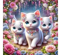 QINRUBB DIY 5D Chat Blanc Peinture Diamant Painting Kit, 5D Chaton Mignon Art du Diamant Complet Kits, Fleurs Diamond Art Kits Point de Croix Painting pour Adultes Débutants Maison Décor 30x30 cm