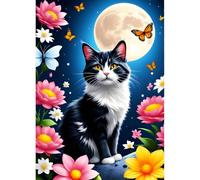 QINRUBB DIY 5D Chat Noir et Blanc Diamond Art Kits Point de Croix pour Adultes Débutants, 5D Fleurs Colorées Art du Diamant Complet Kit, Lune Peinture Diamant Painting Kits Maison Décor 30x40 cm