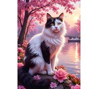 QINRUBB DIY 5D Chat Noir et Blanc Diamond Art Kits Point de Croix pour Adultes Débutants, 5D Fleurs épanouies Art du Diamant Complet Kit, Sunset Peinture Diamant Painting Kits Maison Décor 30x40 cm