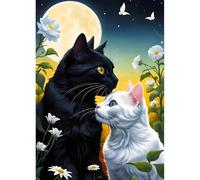 QINRUBB DIY 5D Chat Noir et Blanc Diamond Art Kits Point de Croix pour Adultes Débutants, 5D Moonlit Night Art du Diamant Complet Kit, Fleurs Blanc Peinture Diamant Painting Kits Maison Décor 30x40cm