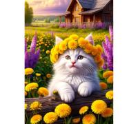 QINRUBB DIY 5D Chaton Blanc Diamond Art Kits Point de Croix pour Adultes Débutants, 5D Chat Mignon Art du Diamant Complet Kit, Fleurs Jaunes Peinture Diamant Painting Kits Maison Décor 30x40 cm