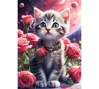 QINRUBB DIY 5D Chaton Diamond Art Kits Point de Croix Painting pour Adultes Débutants, 5D Chat Mignon Art du Diamant Complet Kit, Peinture Roses Fleurs Diamant Painting Kits Maison Décor 30x40 cm