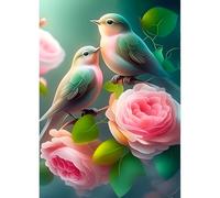 QINRUBB DIY 5D Couples D'oiseaux Diamond Art Kits Point de Croix pour Adultes Débutants, 5D Inséparables Art du Diamant Complet Kit, Fleurs Roses Peinture Diamant Painting Kits Maison Décor 30x40cm