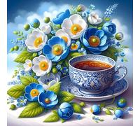 QINRUBB DIY 5D Fleurs Blanches et Bleues Peinture Diamant Painting Kit, 5D Café Art du Diamant Complet Kits, Diamond Art Kits Point de Croix Painting pour Adultes Débutants Maison Décor 30x30 cm