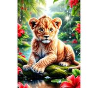 QINRUBB DIY 5D Lionceau Diamond Art Kits Point de Croix Painting pour Adultes Débutants, 5D Fleurs Rouges Art du Diamant Complet Kit, Peinture Forêt Diamant Painting Kits Maison Décor 30x40cm