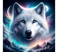 QINRUBB DIY 5D Loup Blanc Diamond Art Kits Point de Croix Painting pour Adultes Débutants, 5D Soleil et Lune Art du Diamant Complet Kit, Peinture Fantaisie Diamant Painting Kits Maison Décor 30x30 cm
