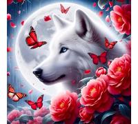QINRUBB DIY 5D Loup Blanc Peinture Diamant Painting Kit, 5D Fleurs Papillon Art du Diamant Complet Kits, Lune Diamond Art Kits Point de Croix Painting pour Adultes Débutants Maison Décor 30x30 cm