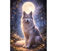 QINRUBB DIY 5D Loup Gris Diamond Art Kits Point de Croix pour Adultes Débutants, 5D Forêt Enchantée Art du Diamant Complet Kit, Lune Lucioles Peinture Diamant Painting Kits Maison Décor 30x40cm