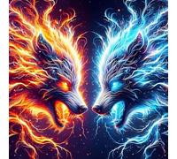 QINRUBB DIY 5D Loup Peinture Diamant Painting Kit, 5D Glace et Feu Art du Diamant Complet Kits, Fantaisie Diamond Art Kits Point de Croix Painting pour Adultes Débutants Maison Décor 30x30 cm