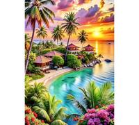 QINRUBB DIY 5D Seascape Cabin Diamond Art Kits Point de Croix pour Adultes Débutants, 5D Sunset at Sea Art du Diamant Complet Kit, Tropical Island Peinture Diamant Painting Kits Maison Décor 30x40 cm