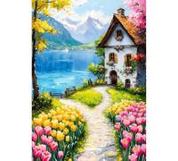 QINRUBB DIY 5D Tulipes Diamond Art Kits Point de Croix Painting pour Adultes Débutants, 5D Chalet au bord du Lac Art du Diamant Complet Kit, Peinture Fleurs Diamant Painting Kits Maison Décor 30x40 cm